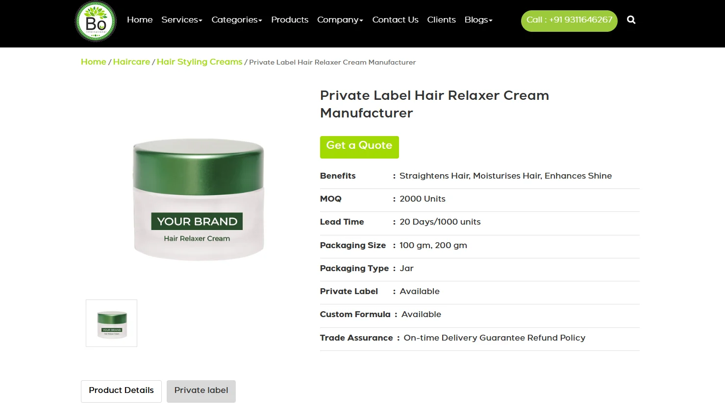 Label and details for private label hair relaxer cream with benefits, MOQ, and packaging information displayed.